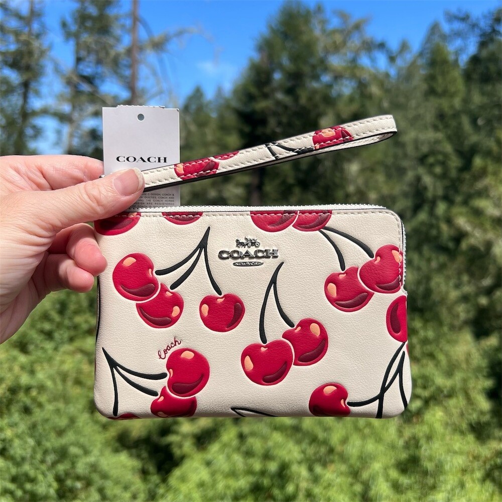 COACH Smooth White Leather Cherry Print Wristlet Wallet with Silver Hardware NWT